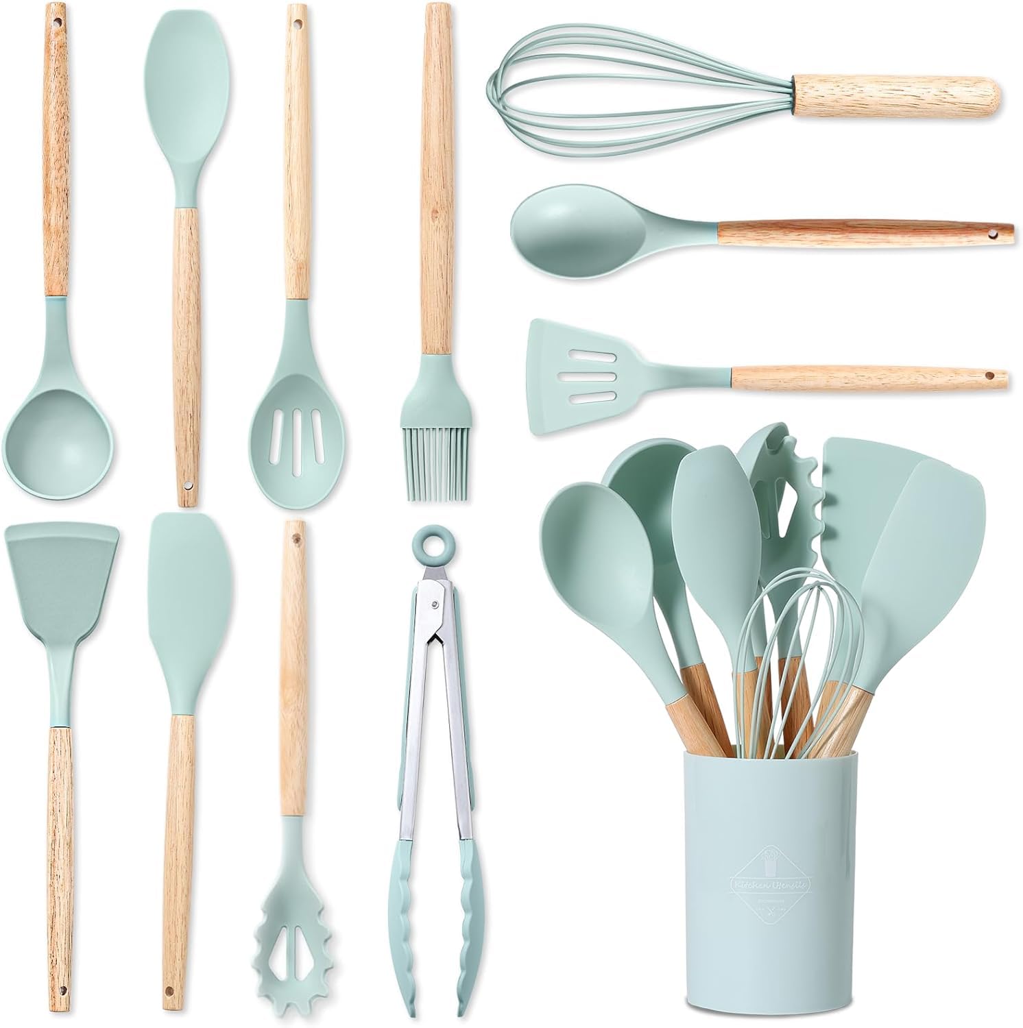Silicone Kitchen Utensils Set With Holder, Heat Resistant NonStick Cooking Tools With Wooden Handles, Spatula, Spoon, Slotted T