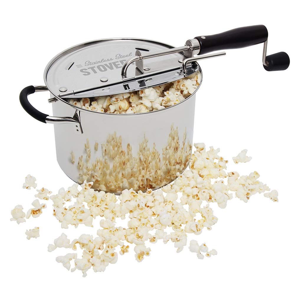 StovePop Stainless Steel Popcorn Popper - Gearless Hand Crank, Magnetic Lid, 6 Qt - Induction Range Compatible