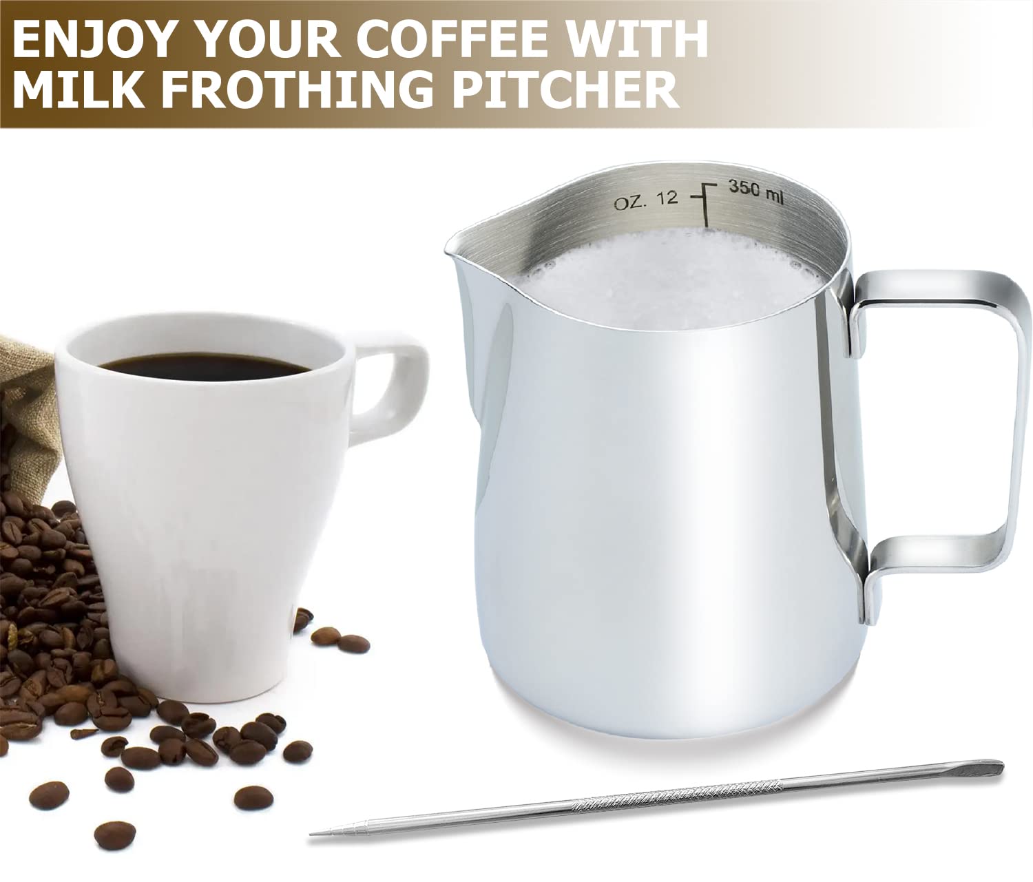 Camkyde Milk Frothing Pitcher 20 Oz, Stainless Steel Espresso Steaming Pitcher With Decorating Pen For Coffee, Espresso Machines