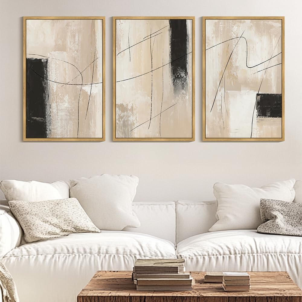 Phopago Abstract Framed Wall Art Large 24X36In Neutral Beige Mid Century Textured Artwork Decor Modern Black Minimalist Line Ill