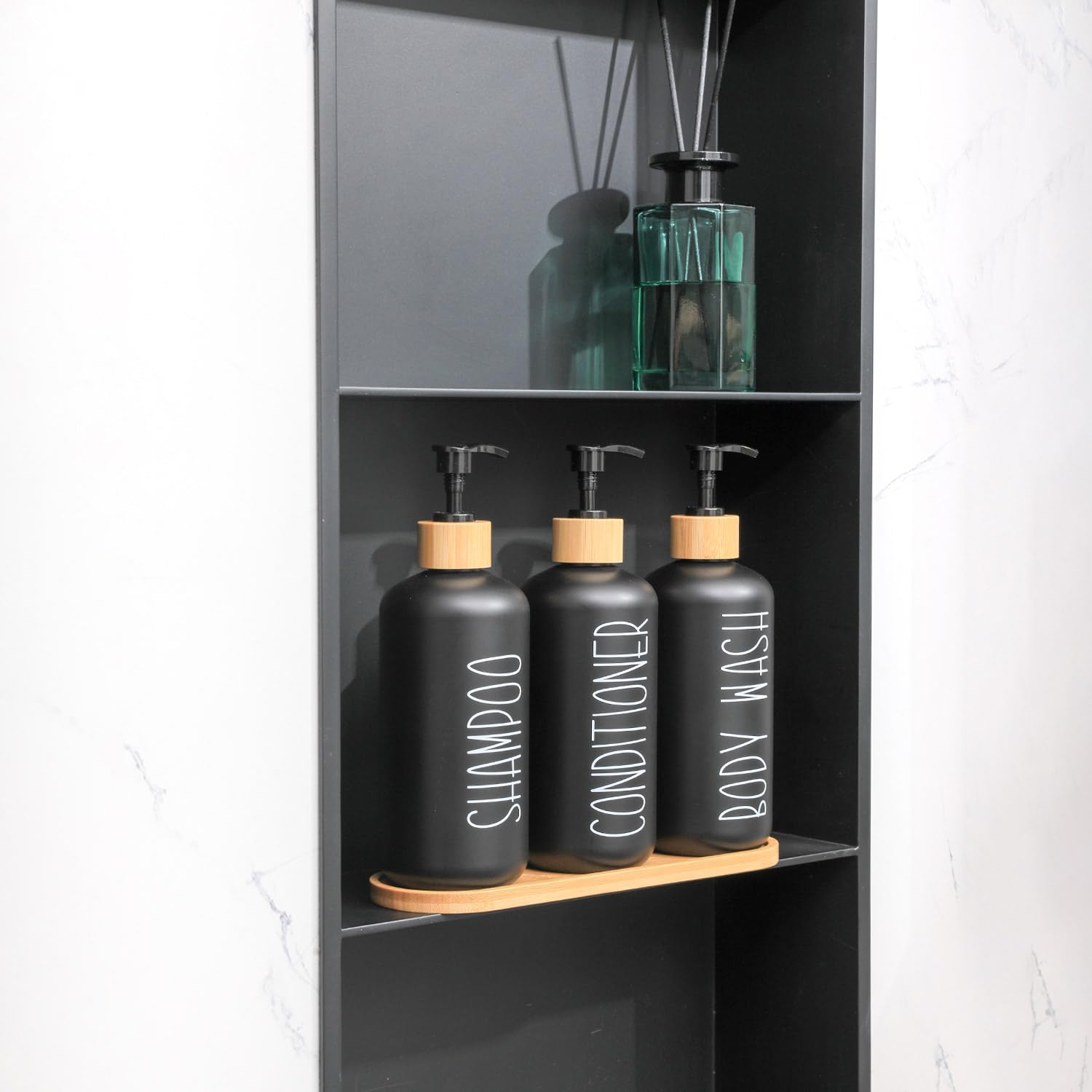 Momeemo Black Shower Soap Dispenser Set, Contains 3 Extra-Thick Pet Plastic Bottles With Bamboo Pumps, Shampoo Bottles Refillabl