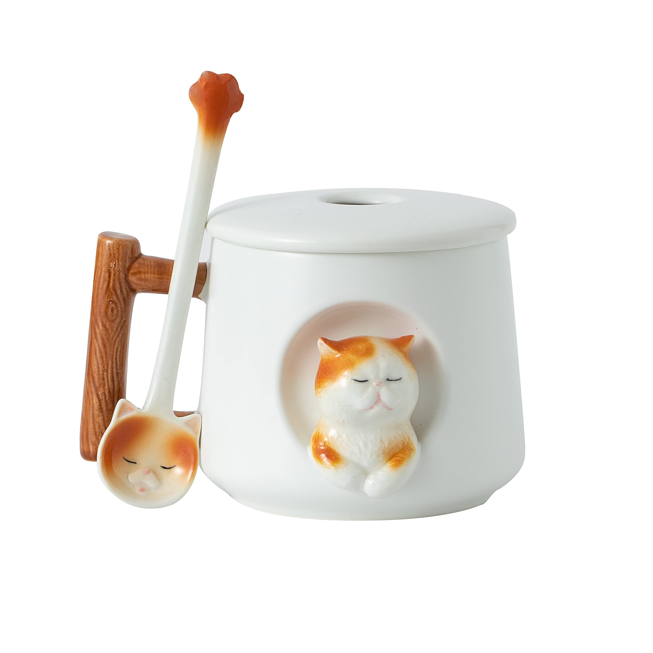 DIHOclub Ceramic Coffee Mug with Lid and Matching Spoon,Novelty 3D Cat Pattern Mug for Tea Milk Chocolate Juice,Cute Cup for Dog