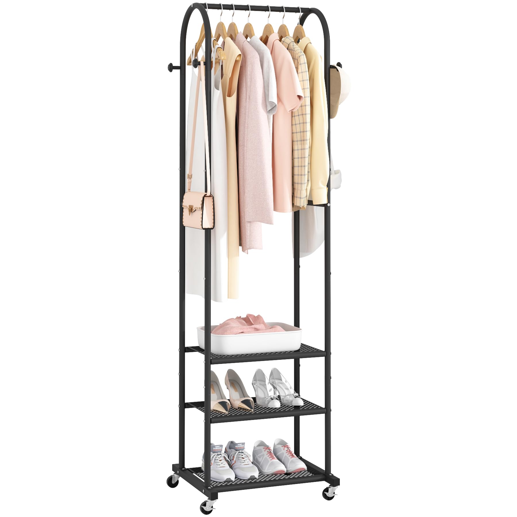 Kaitiemoo Heavy Duty Clothing Rack With Wheels,Modern Garment Rack With 3 Metal Shelves, 71.8Inches Display Rack For Hanging Clo