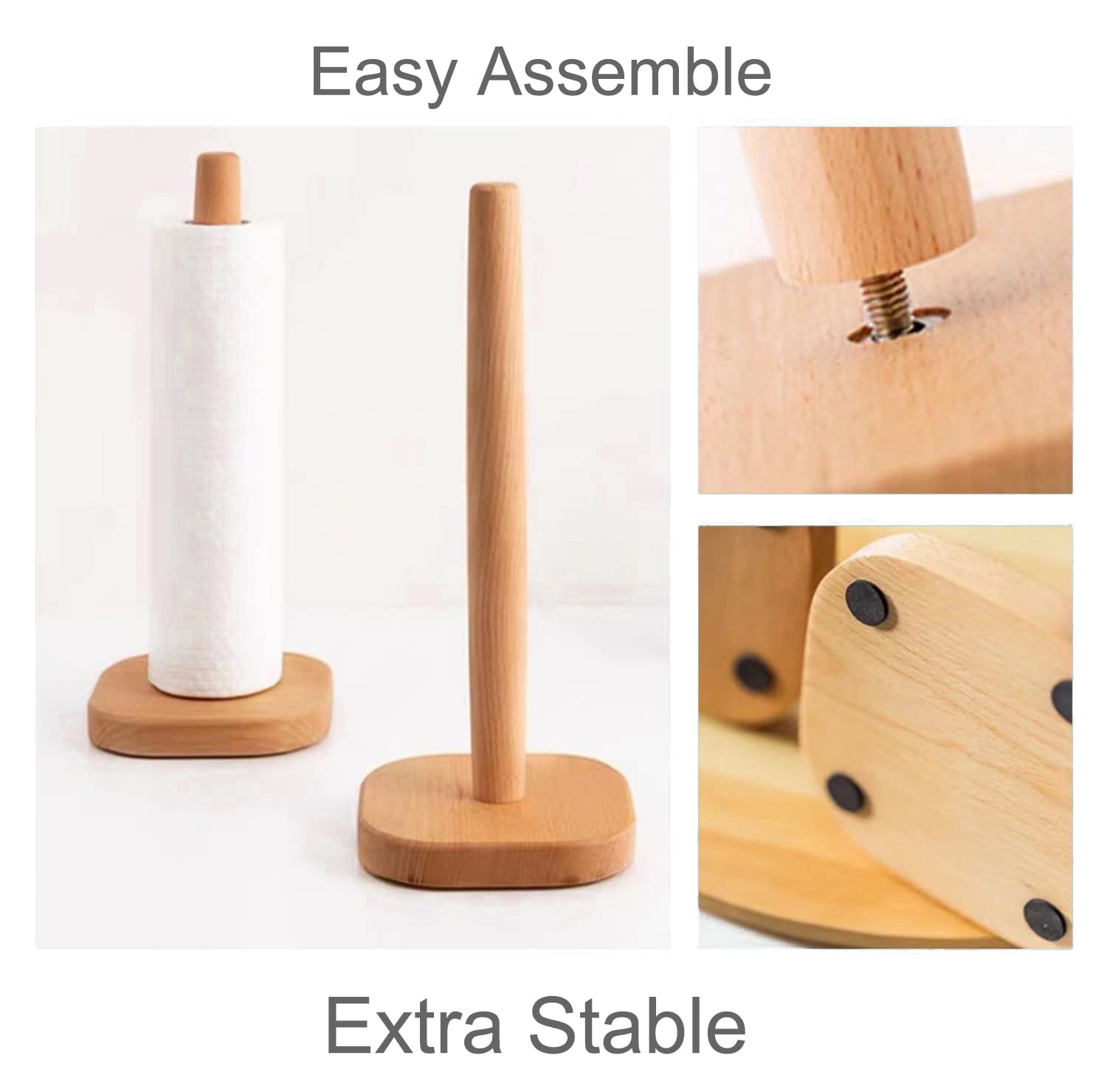 Huajie Bienstylife Paper Towel Holder, Wooden Base Kitchen Paper Hanger Rack Bathroom Towel Roll Stand Organizer Countertop Wood