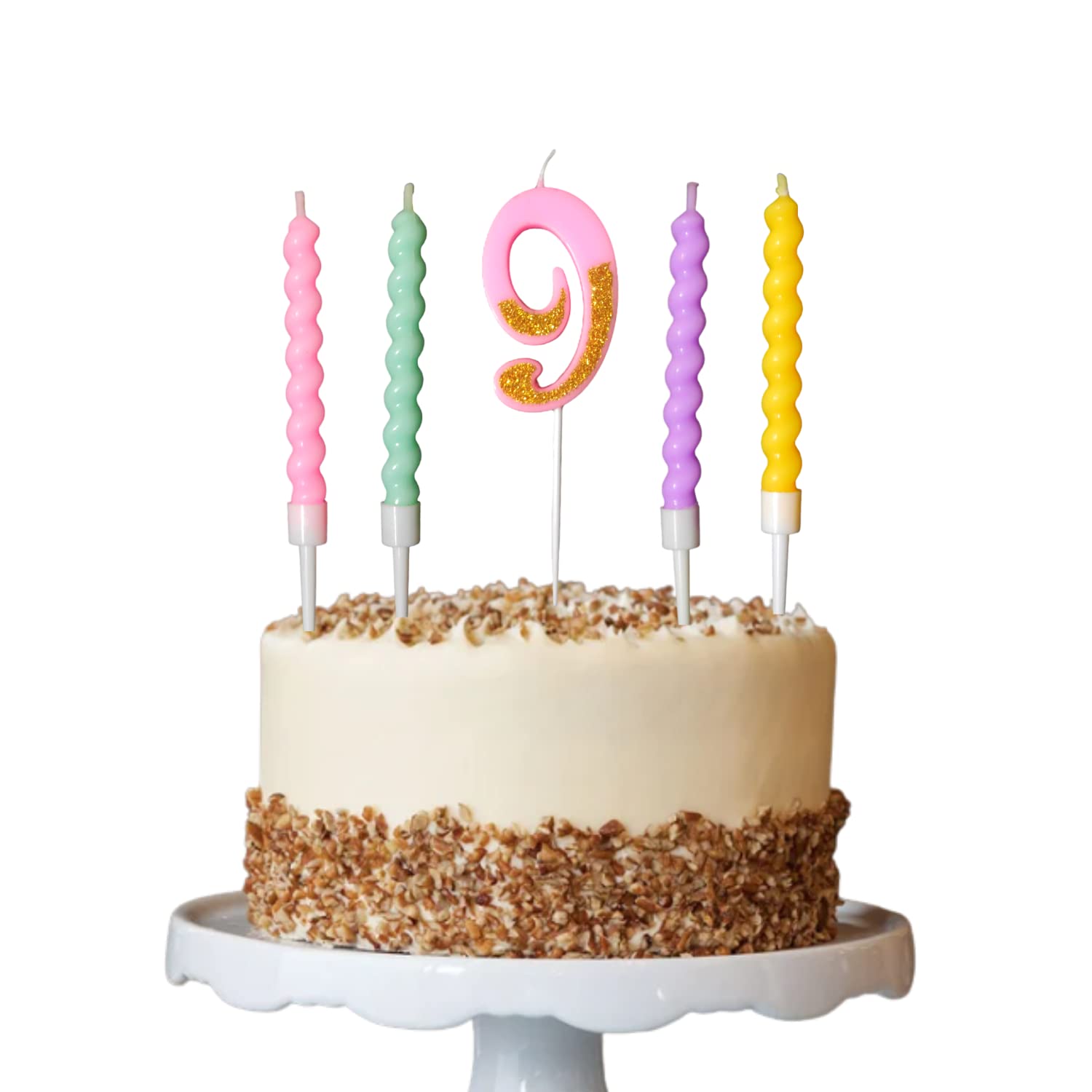 Party Decorz Number 9 Candle | Nine Number Candle | Nine Number Pink Glitter Candle with Pastel Twisted Candle Set of 5pcs for B
