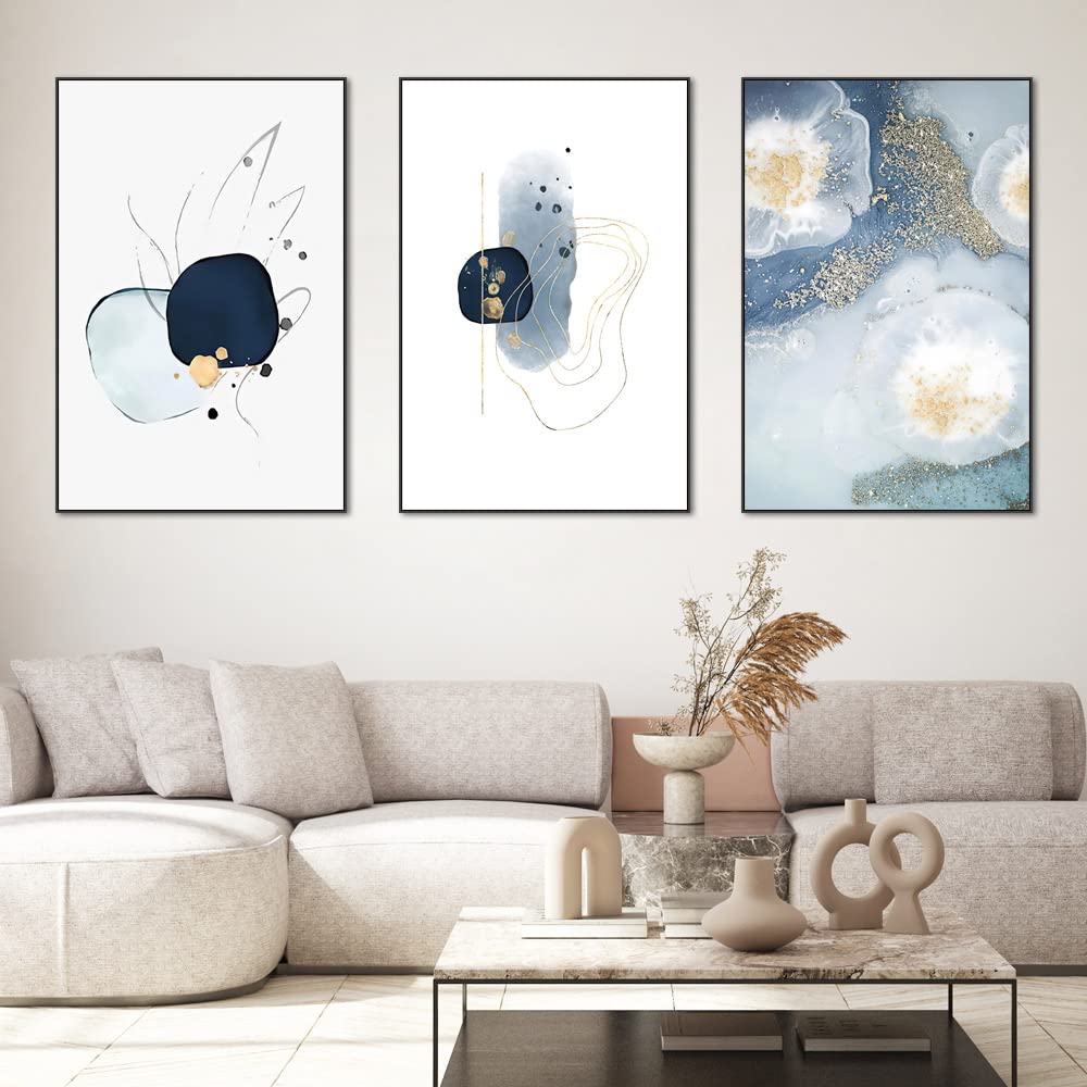 3 Framed Abstract Canvas Wall Art, Artwork In Blue, White And Grey, Simple And Elegant For Living Room Bedroom Office Decor