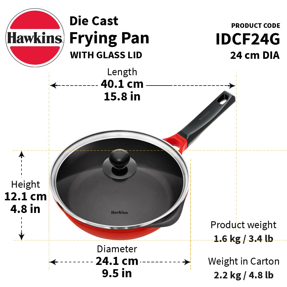 Hawkins 24 Cm Die Cast Induction Compatible Frying Pan With Glass Lid, Red (Idcf24G)