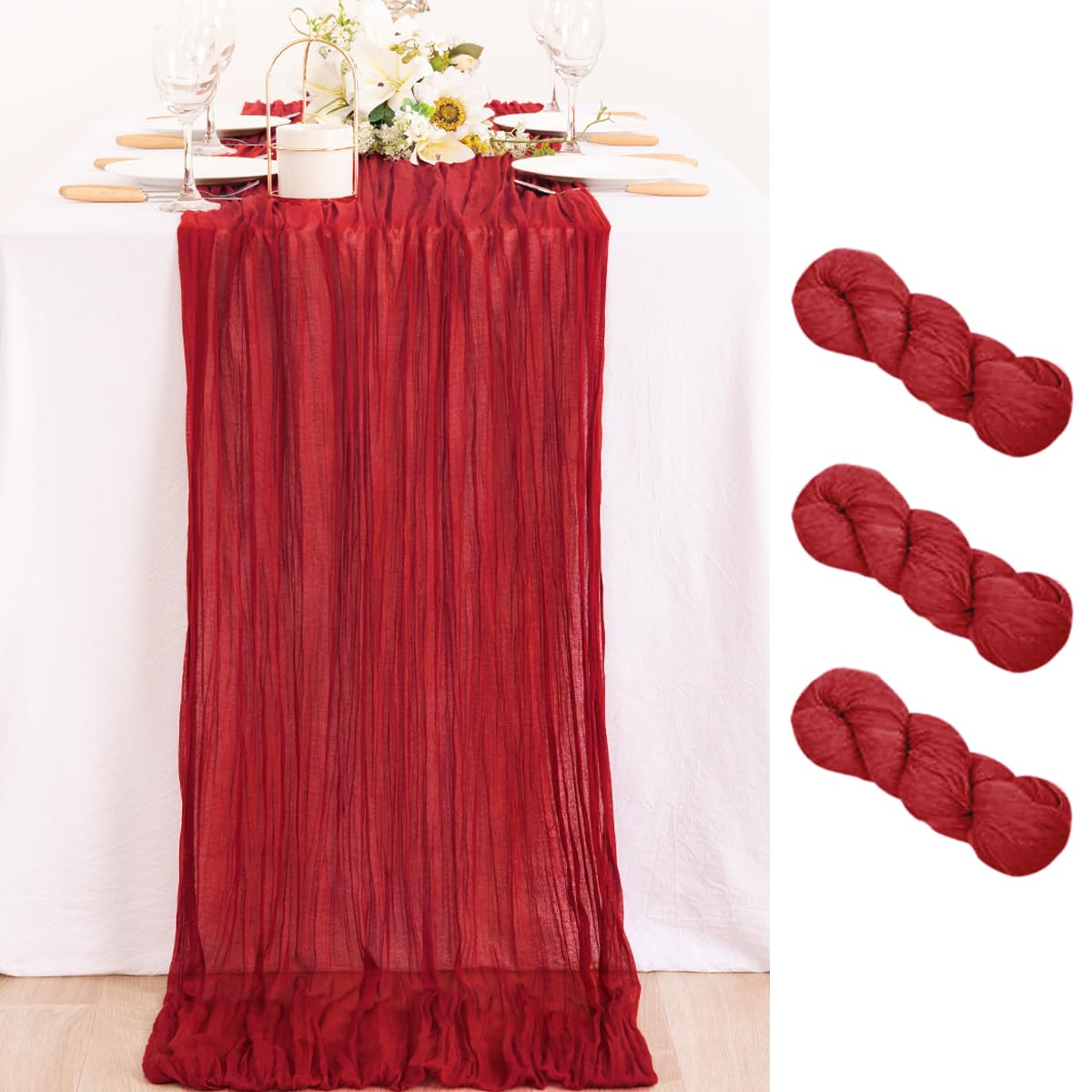 MLMC 3 Pack Red Table Runner Boho Rustic Gauze Cheesecloth Table Runner Cheese Cloth Centerpiece Decor 35x120 Inches for Wedding