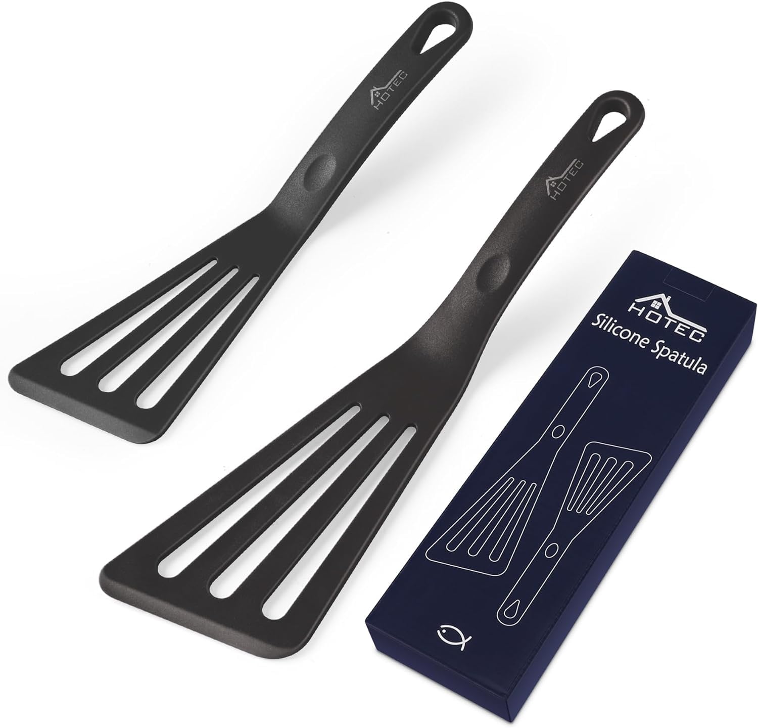 Hotec Heat Resistant Silicone Slotted Fish Turner Spatula Set, Flipper Cooking Spatulas, For Non Stick Cookware Dishwasher Safe,