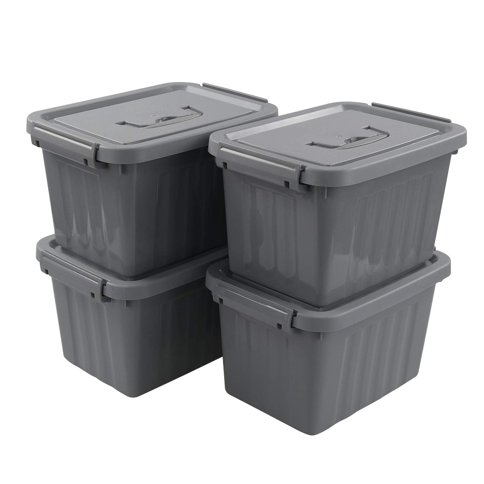 Uumitty 4 Packs Plastic Lidded Storage Box, 6.5 Quart Organizing Latch Bin With Lid/Handles, Grey