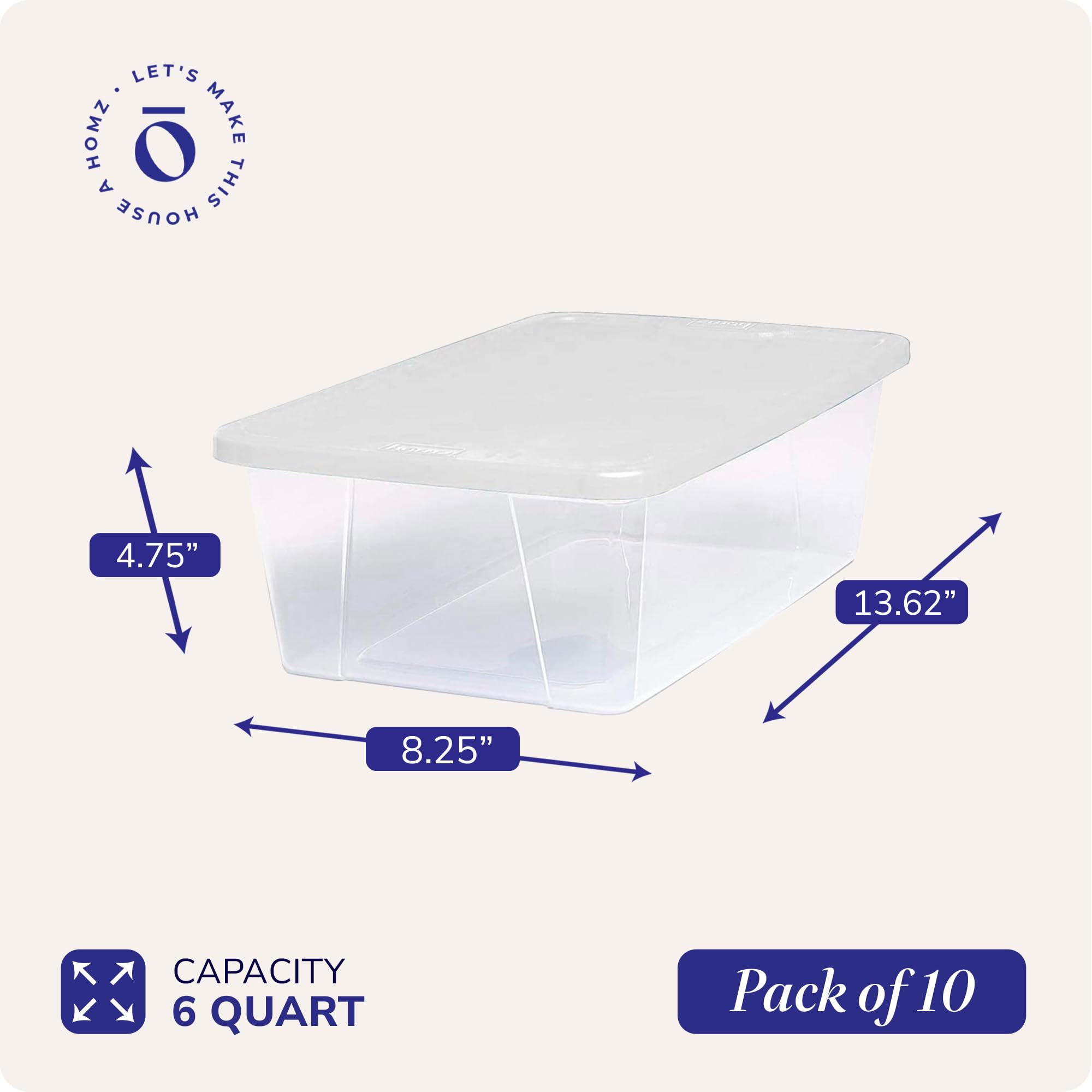 Homz 10 Pack Storage Bins, Clear Plastic Organizing Containers W/White Lids, 6 Quart