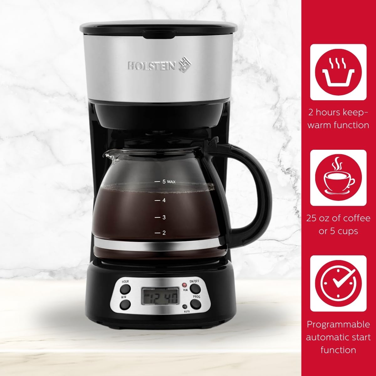 Holstein Housewares 5-Cup Programable Coffee Maker, Convenient And User Friendly, Black And Stainless Steel With Auto Pause And