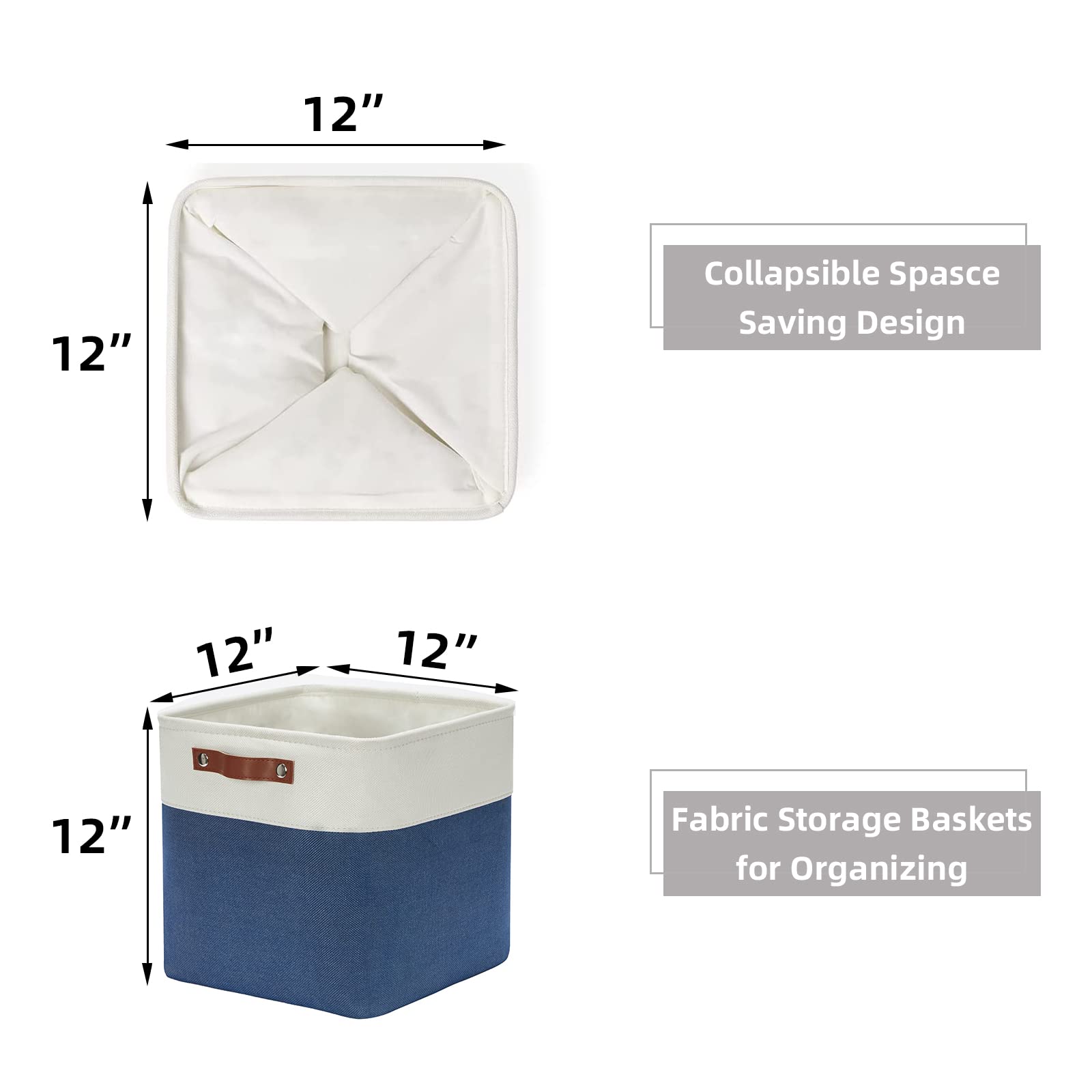HNZIGE Fabric Storage Basket(4 Pack ) Linen Baskets for Organizing 12x12 Storage Bins for Shelves Towels Blankets Toys with Leather Handles(White&Blue)