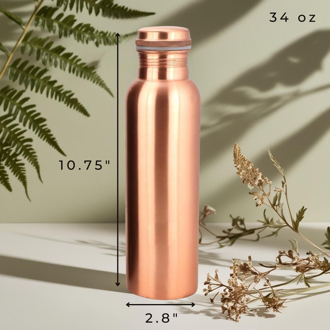 Perilla Home Plain Copper Water Bottle 34 Oz Leak Proof 100% Pure Ayurvedic Copper Vessel with Lid - Drink More Water and Enjoy Health Benefits Immediately/Yoga Bottle