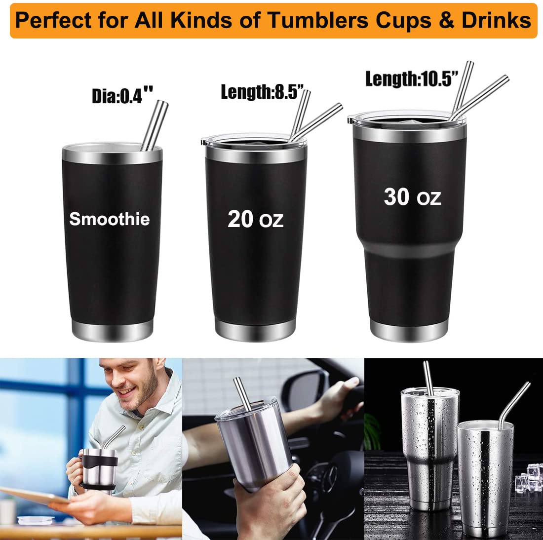 Vannise Jumbo Smoothie Straws Stainless Steel, Set Of 4 Metal Milkshake Straws 0.4'' Wide 10.5'' Long Straws, Long Lasting & Foo