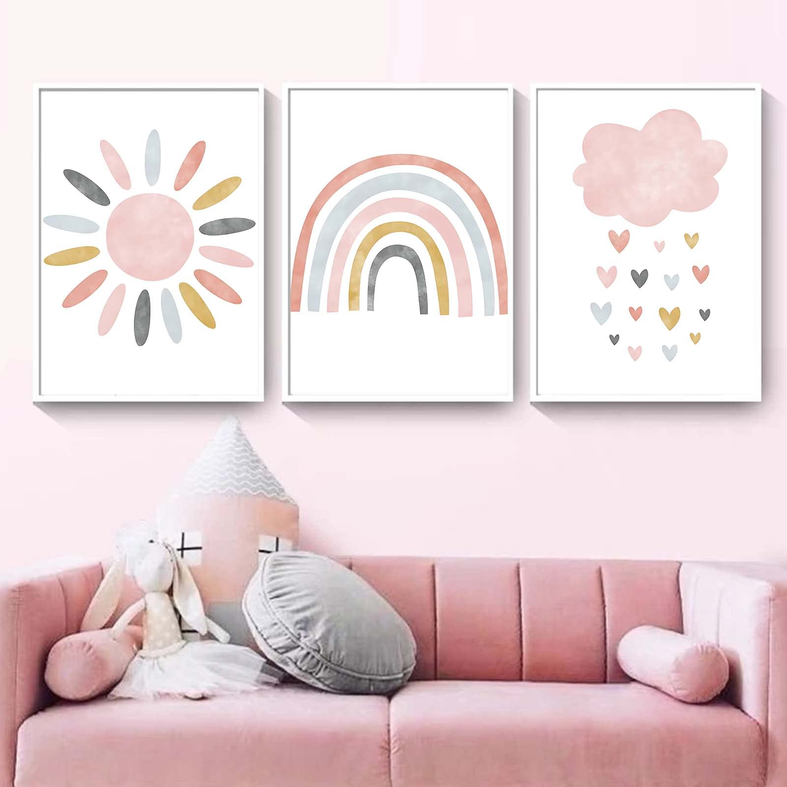 Recrtain Nursery Wall Prints Pink Sunshine Rainbow Cloud Canvas Wall Art, Child Wall Art Poster Boho Nordic Wall Pictures For Gi
