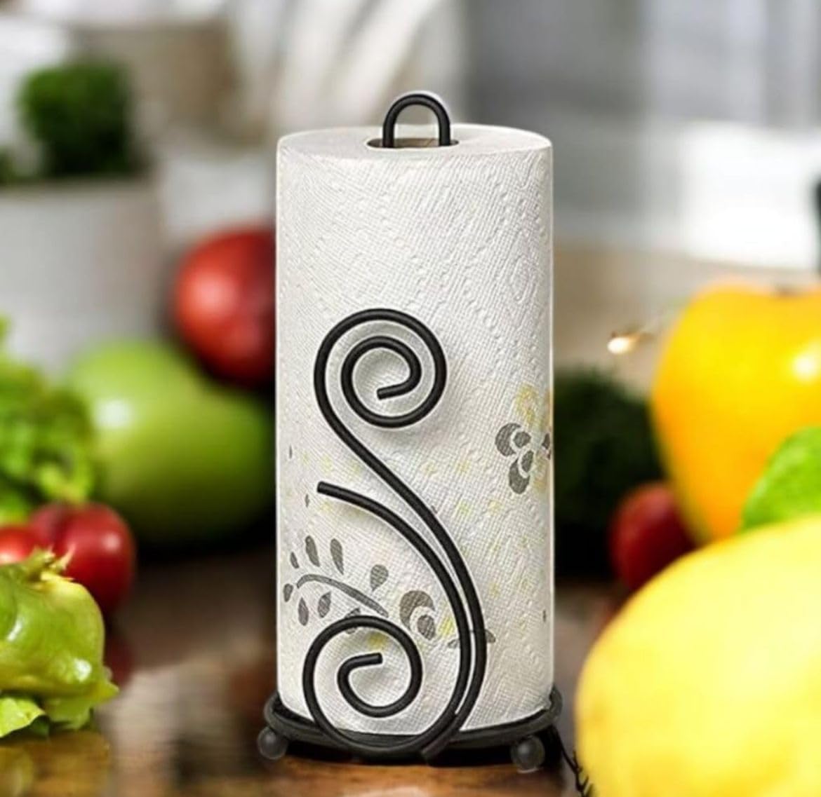 Black Metal Paper Towel Holder Stand With Decorative Swirl Design, Countertop, 25.4 Cm Height, 10.2 Cm Width