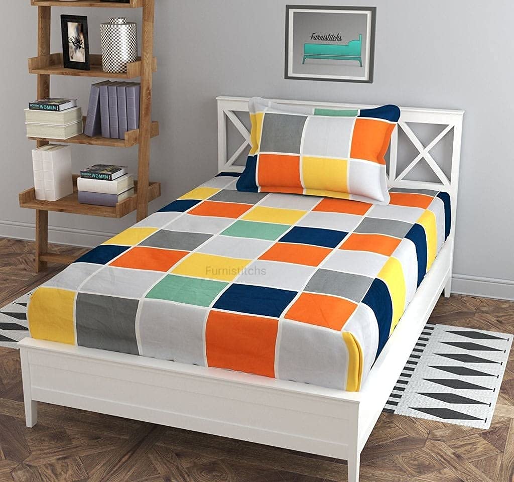 T Tungol Elastic Fitted Glace Cotton Single Bedsheet With One Pillow Covers(For 4-6 Inches Mattress) (Vibrant Check)