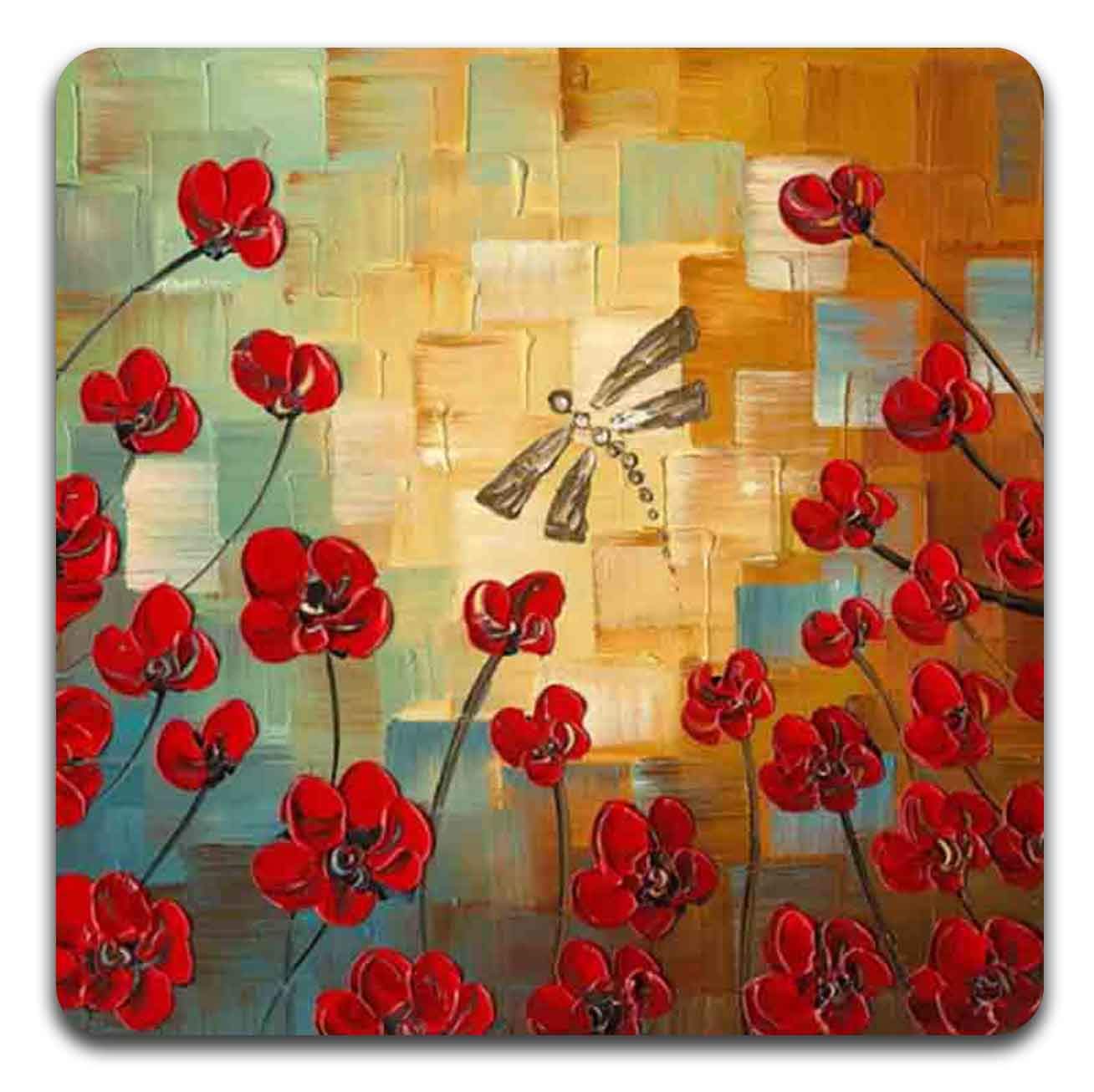 Red Oil Painting Square Coaster Set - Made Of Recycled Rubber - Set Of 4