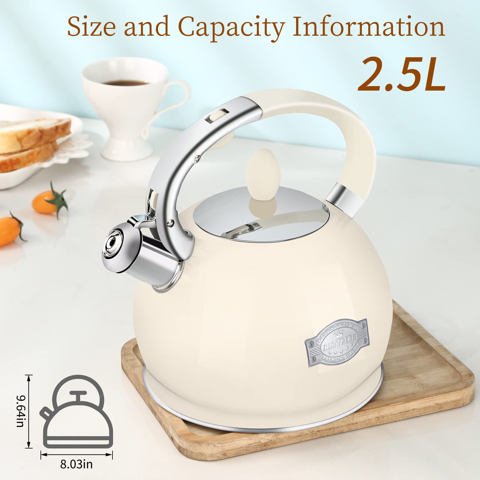 Rettberg Tea Kettle For Stovetop Whistling Tea Kettles Retro Black Stainless Steel Teapots, 2.64 Quart (Cream)