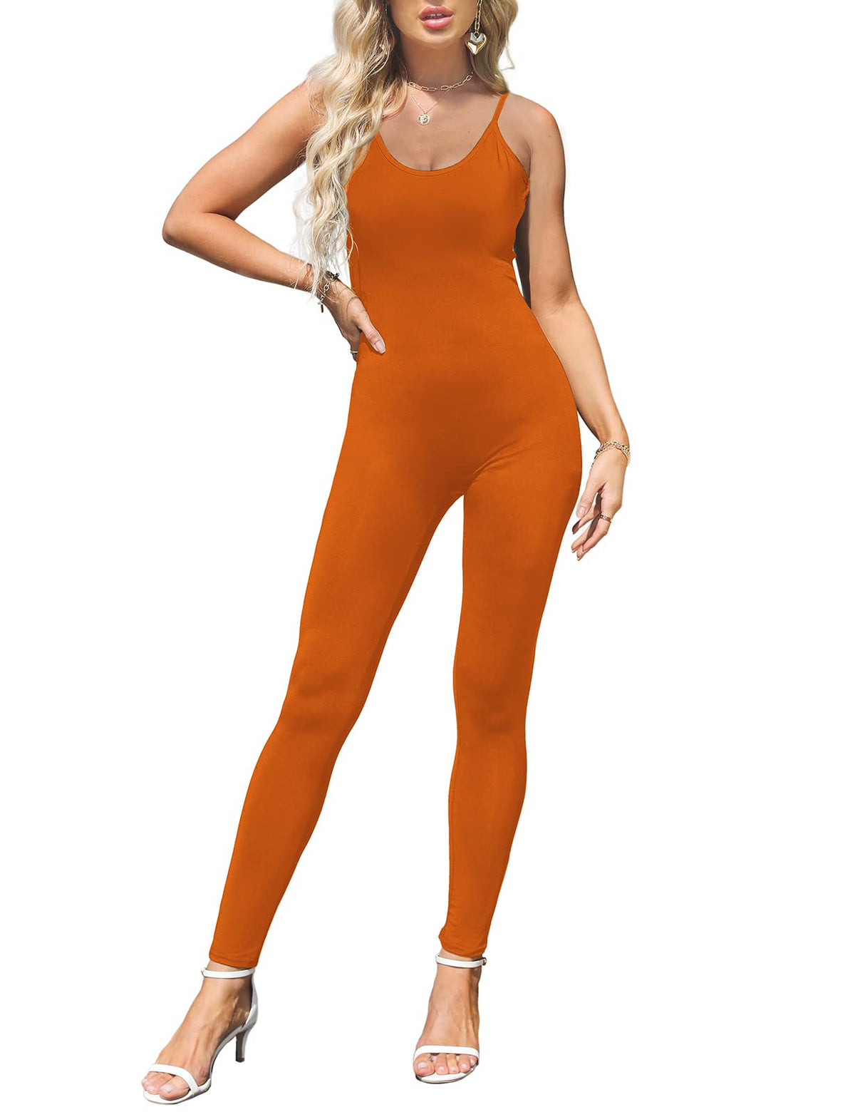 Amilia Womens Spaghetti Strap Bodycon Tank One Piece Jumpsuits Rompers Playsuit (Reddish Orange, Xs)