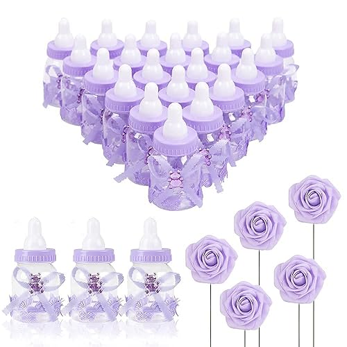 Macting 2 Dozens 35 Inch Feeding Bottle Candy Box With 5Pcs Artificial Flower Rose For Baby Shower Favor Gift Decoration (Purple