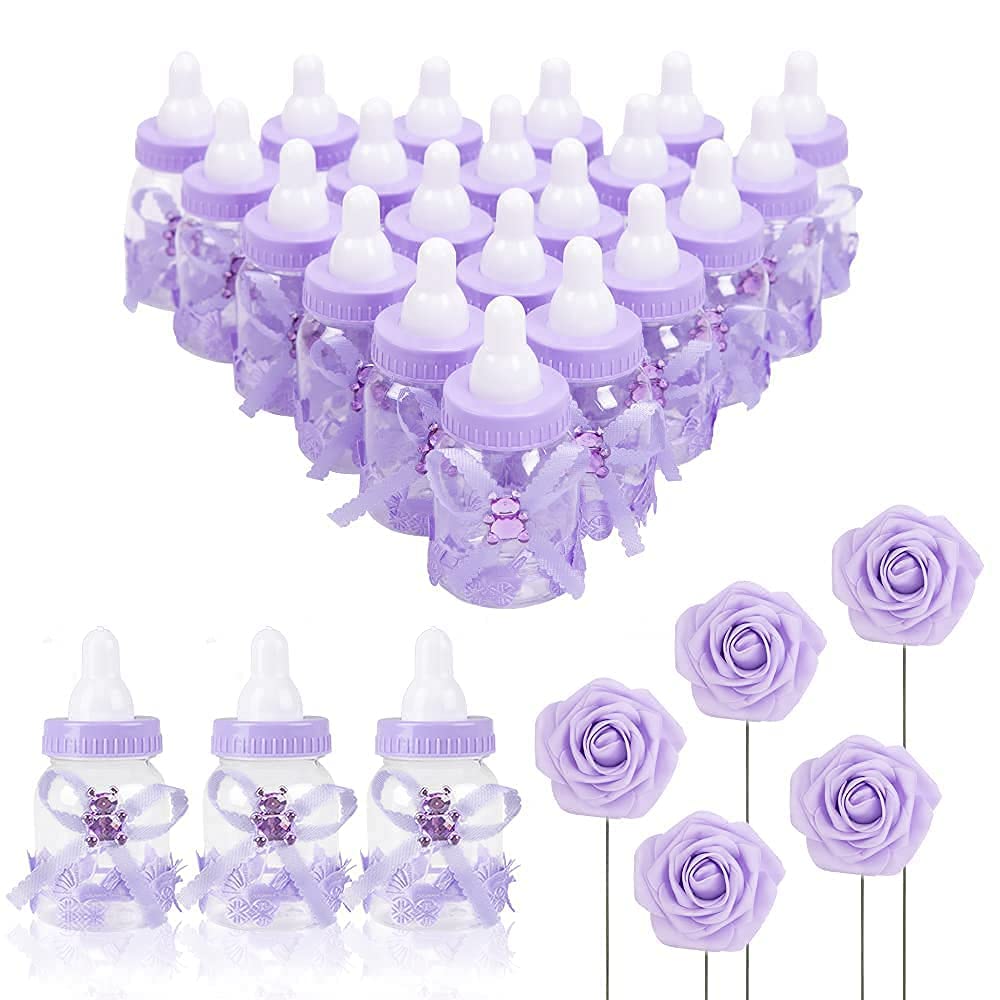 Macting 2 Dozens 35 Inch Feeding Bottle Candy Box With 5Pcs Artificial Flower Rose For Baby Shower Favor Gift Decoration (Purple