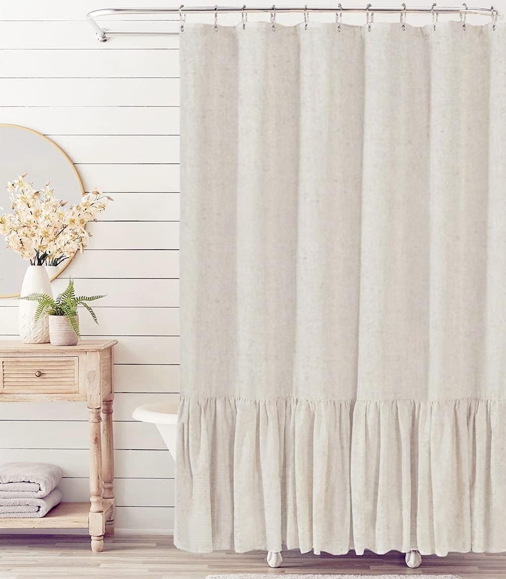 Felisa Farmhouse Shower Curtain With A Ruffle Hem, Linen Blend Shower Curtain For Bathroom,Natural,72X78 Inch