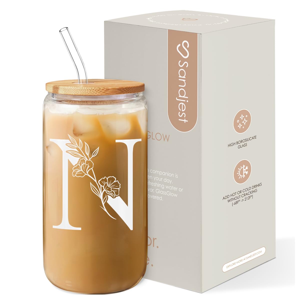 SANDJEST Monogrammed Gifts for Women - Monogram N Initial Glass Cup 16 Oz Can Coffee Cups with Lid and Straw - Monogram Initials