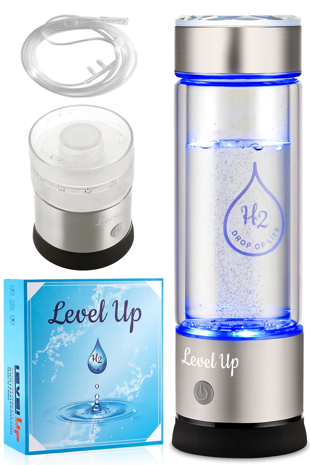 Level Up Way - Hydrogen Water Bottle Generator - New Technology Glass Water Ionizer - Spe Ionic Membrane - High Borosilicate Gla