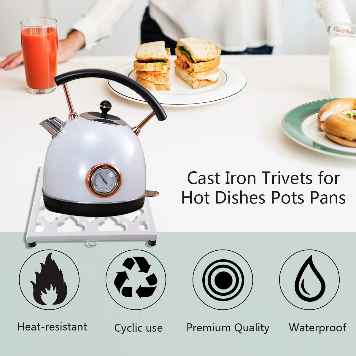 Square Cast Iron Trivet White Metal Trivets For Kitchen Dining, Hot Pot Holder Hot Pads For Table & Countertop - Heat Resistant