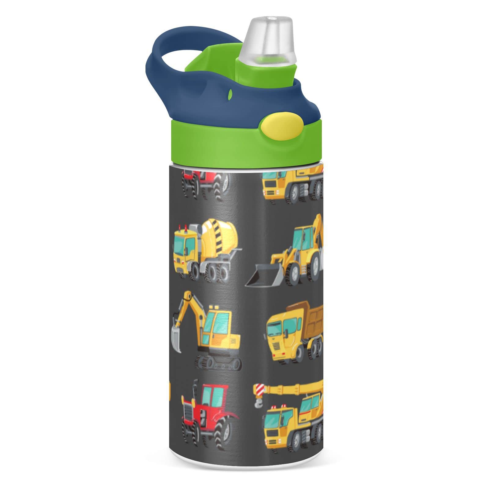 Boccsty Yellow Tractor Truck Kids Water Bottle With Straw Lid Car Insulated Stainless Steel Reusable Tumbler For Boys Girls Todd