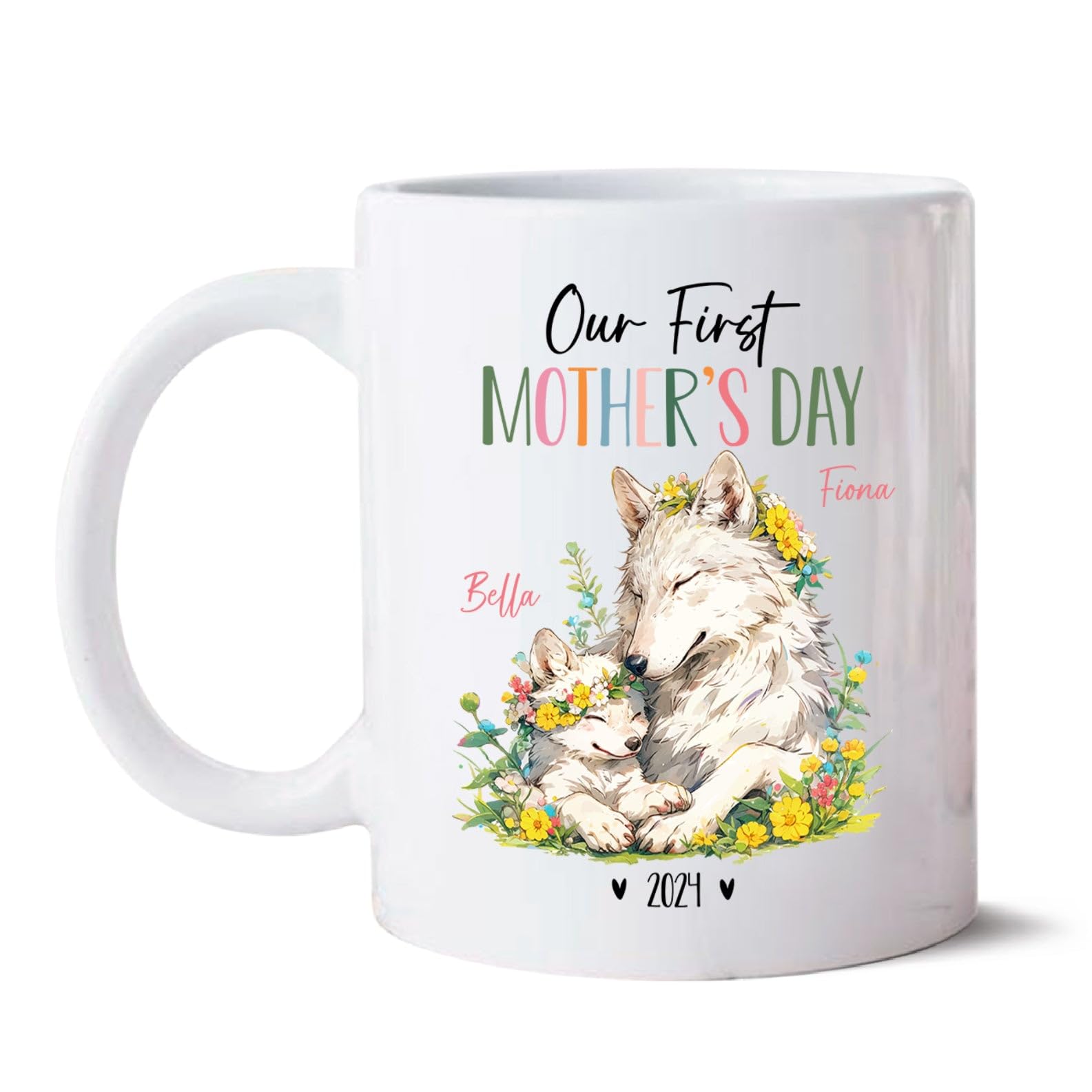 Mother Wolf And Baby Ceramic Cup, Personalized Mom & Baby Wolf Coffee Mug, Wolf Cups For Wildlife Lover, Our First Mothers Day M