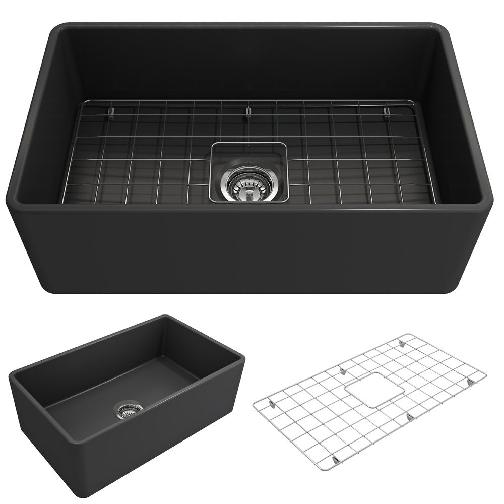 Bocchi Classico Farmhouse Apron Front Fireclay 30 In. Single Bowl Kitchen Sink With Protective Bottom Grid And Strainer In M.Dar