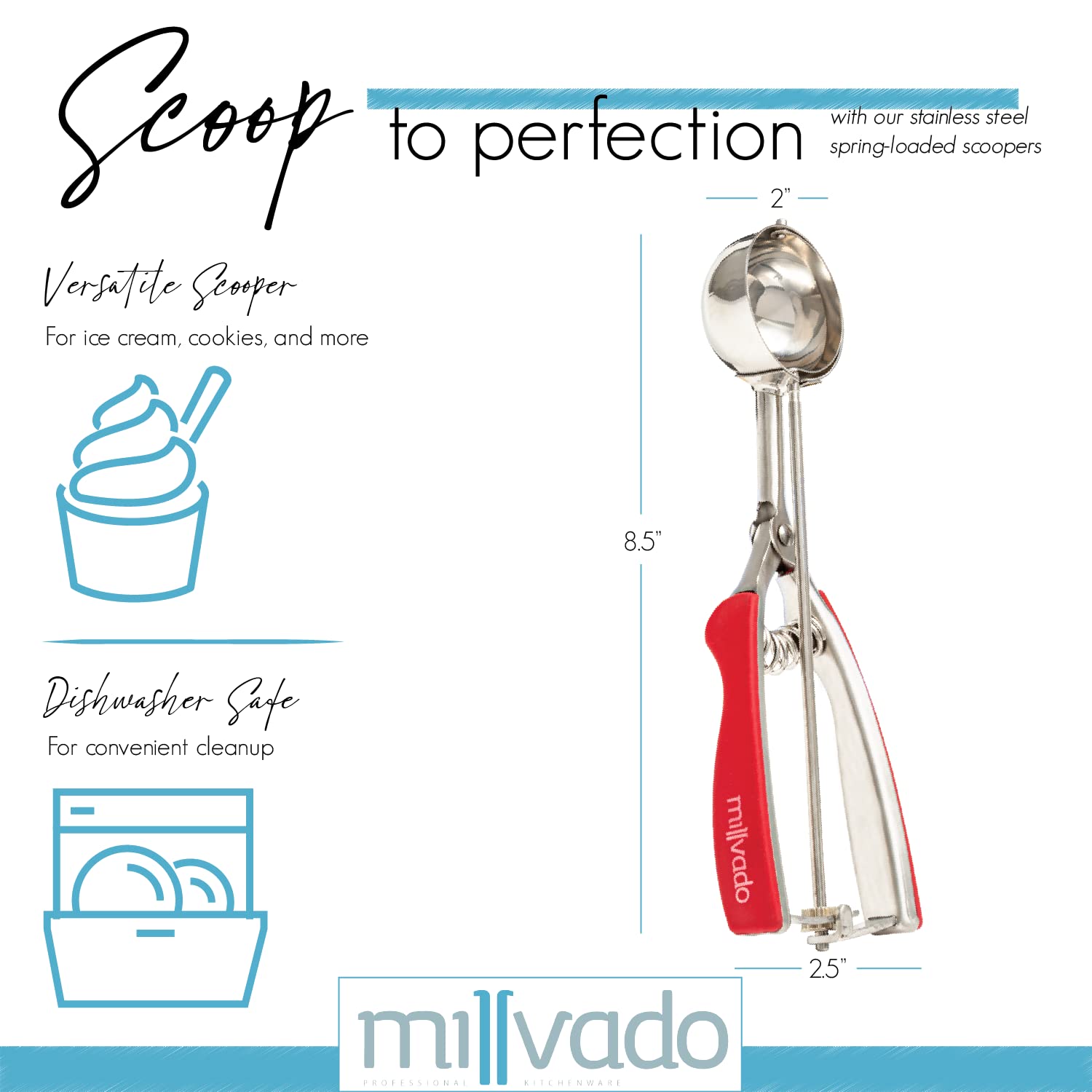 Millvado Ice Cream Scooper With Trigger - Stainless Steel Round Food Scooper For Ice Cream, Cupcake Batter, Mashed Potato And Ri