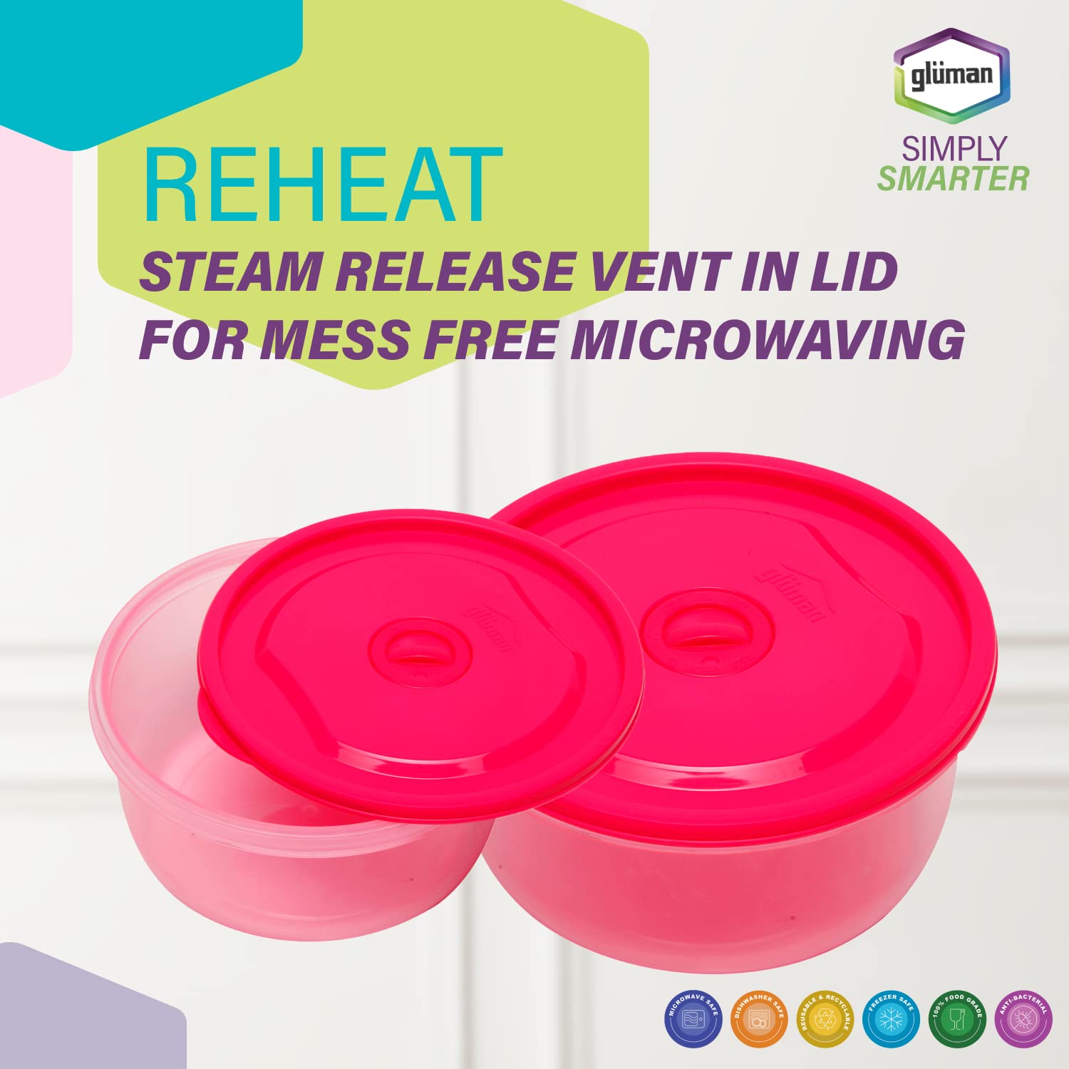 Gluman Microwave Container Set of 4 with Vent Knob for Steam Release | 100% Food Grade | Dishwasher Safe | Freezer Safe | Microw