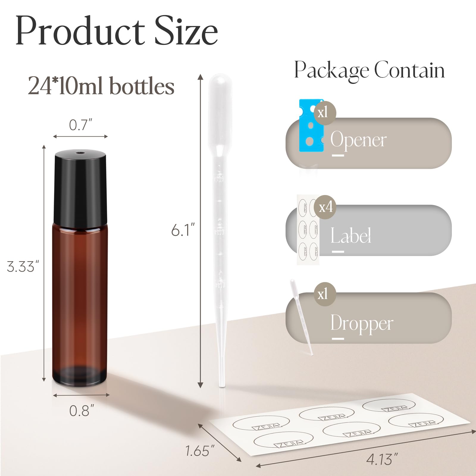 ZEJIA 10ml Roller Bottles 24Pack Amber Thick glass Essential Oil Roller Bottles Stainless Steel Roller Ball with 2 Droppers