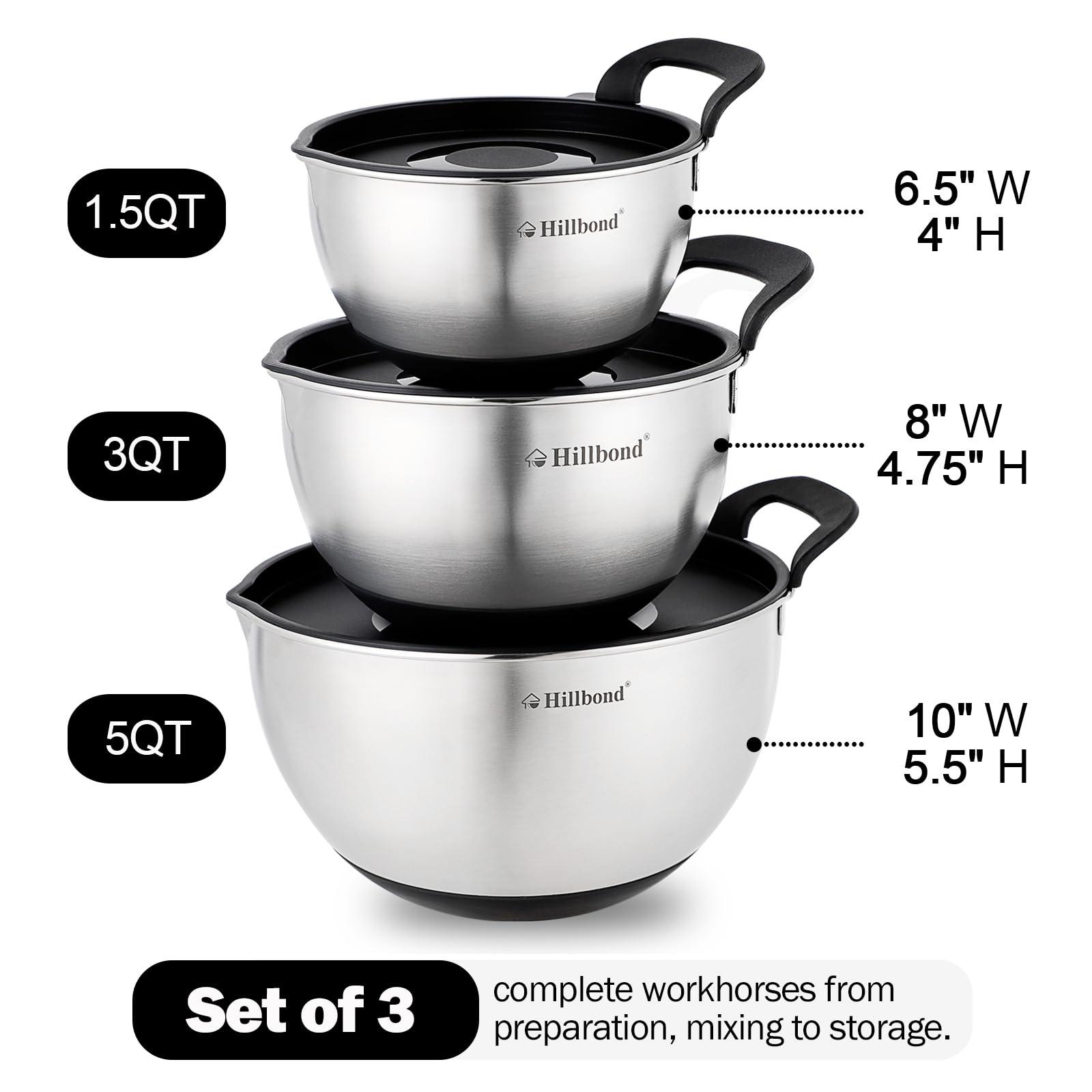 Hillbond Stainless Steel Bowls With Lids Set Mixing Bowls With Pour Spout, Silicone Handle And Non-Slip Bottoms For Baking, Cook