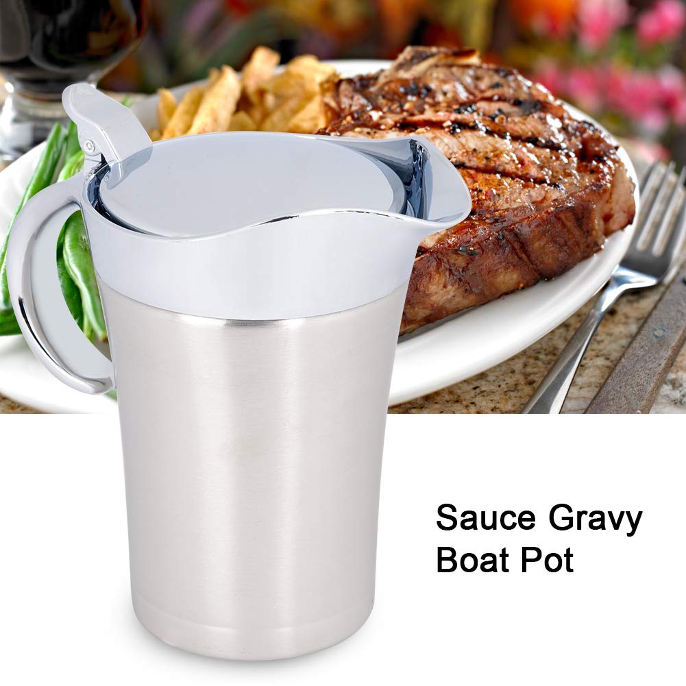 450Ml/750Ml 304 Stainless Steel Thermal Sauce Pot, Double Wall Insulated Gravy Boat Pot With Lid Serving Jug Bucket With Non-Dri