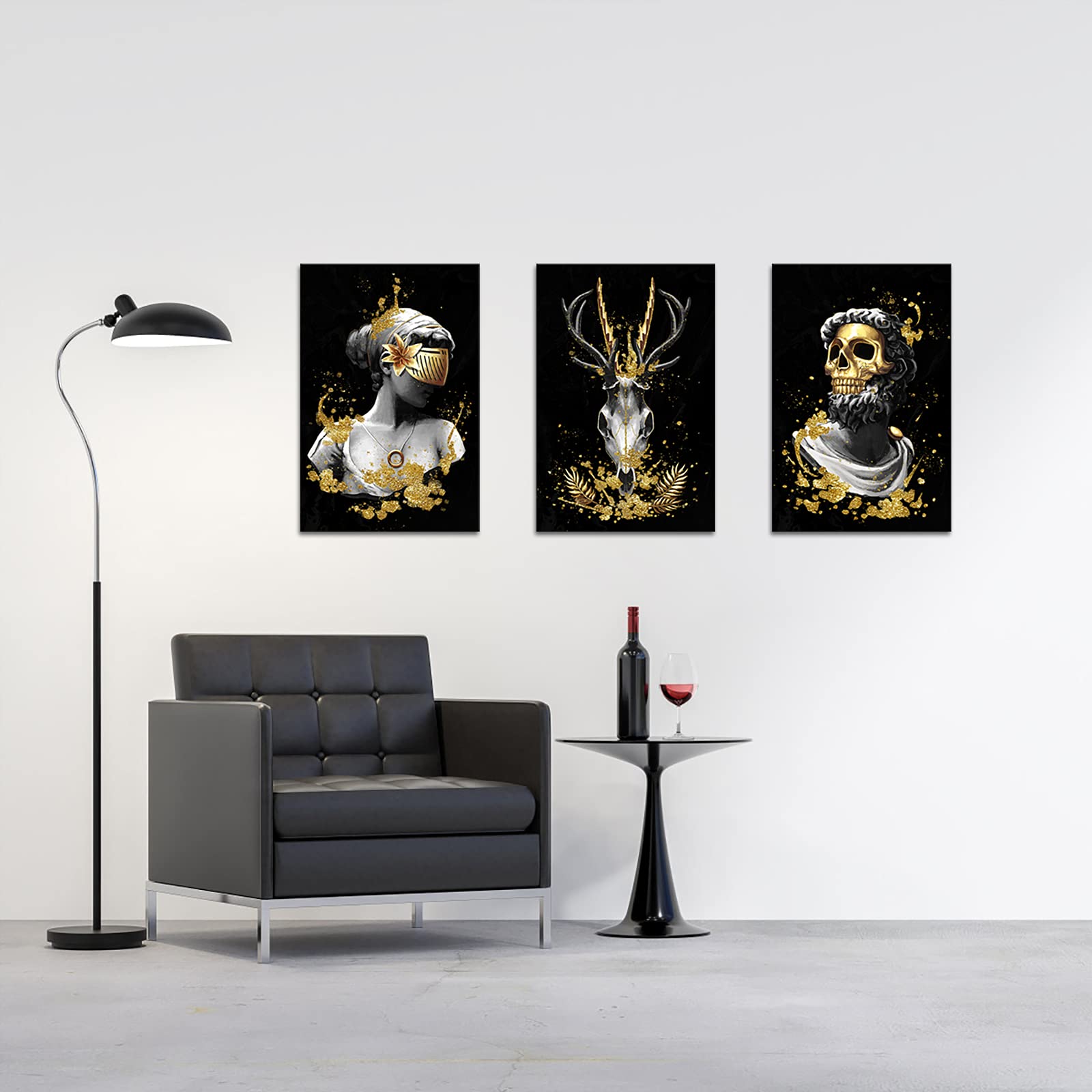 Derkymo 3 Piece Vintage Human Skull Canvas Wall Art Black And White Deer Head Skull Painting Prints Woman Under Gold Mask Pictur