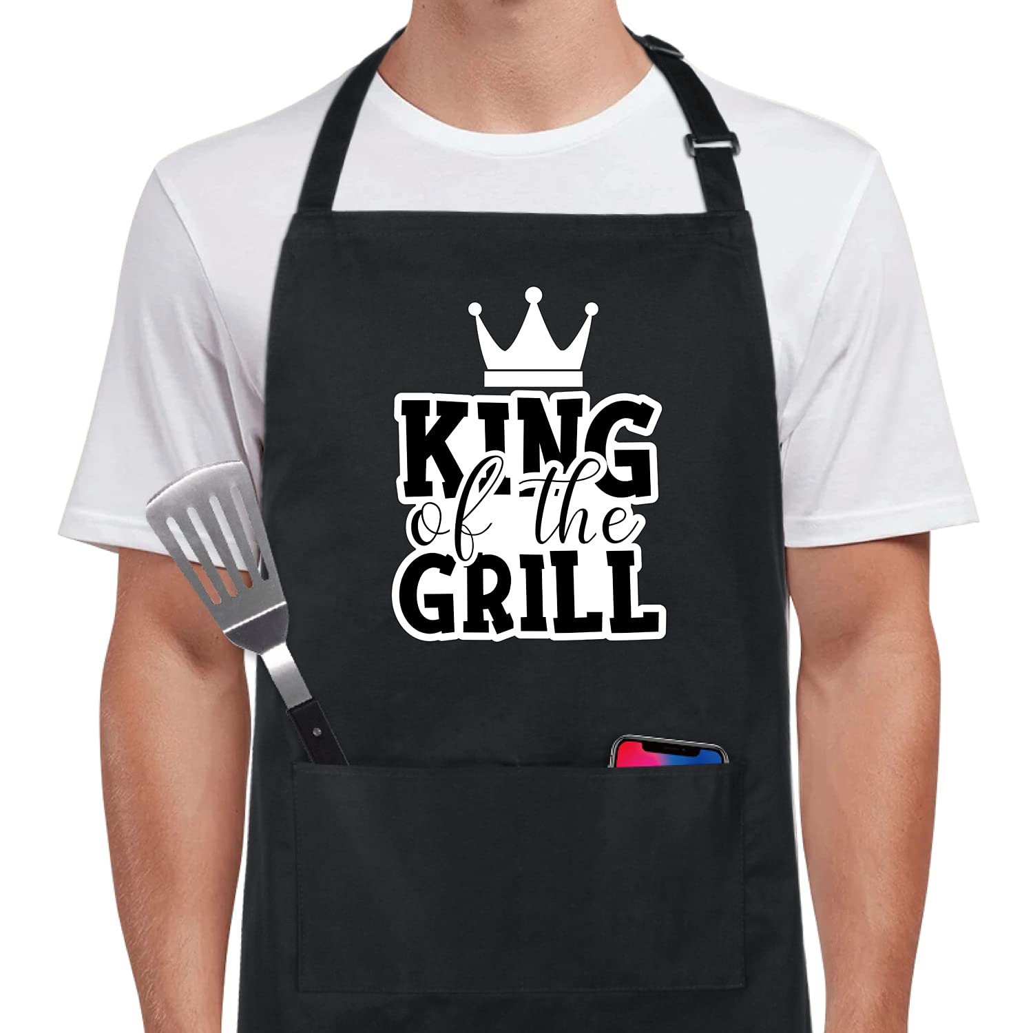 Xornis 100% Cotton Funny Aprons King Of The Grill With 2 Pockets Bbq Grilling Adjustable Bib Aprons Gifts For Men Husband Dad Fr