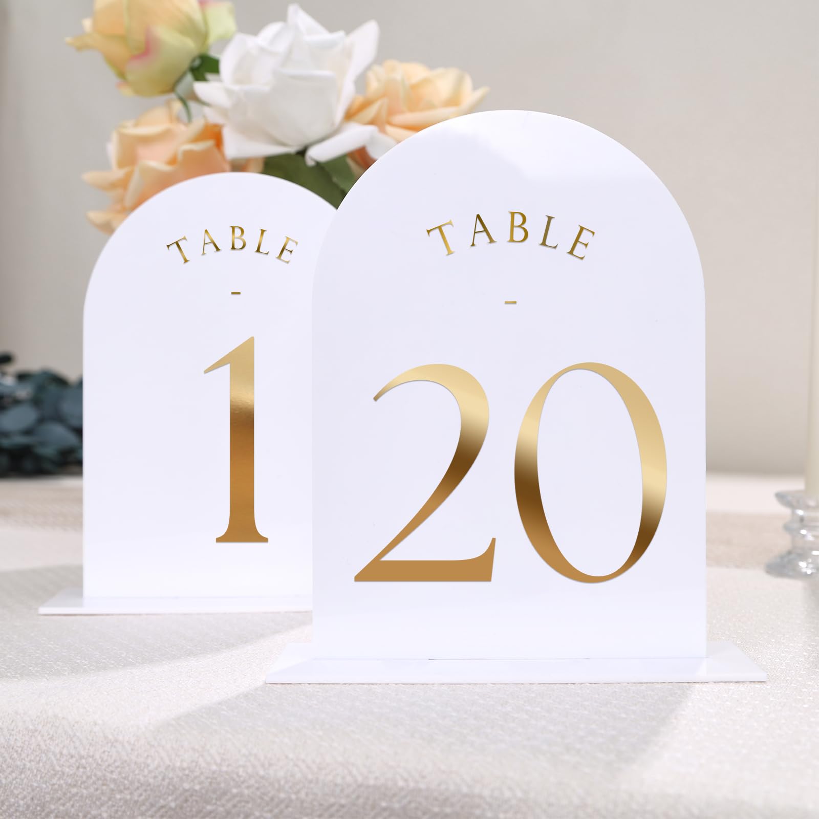Uniqooo White Arch Wedding Table Numbers With Stands 1-20, Gold Foil Printed 5X7 Double Sided Acrylic Signs And Holders, Perfect
