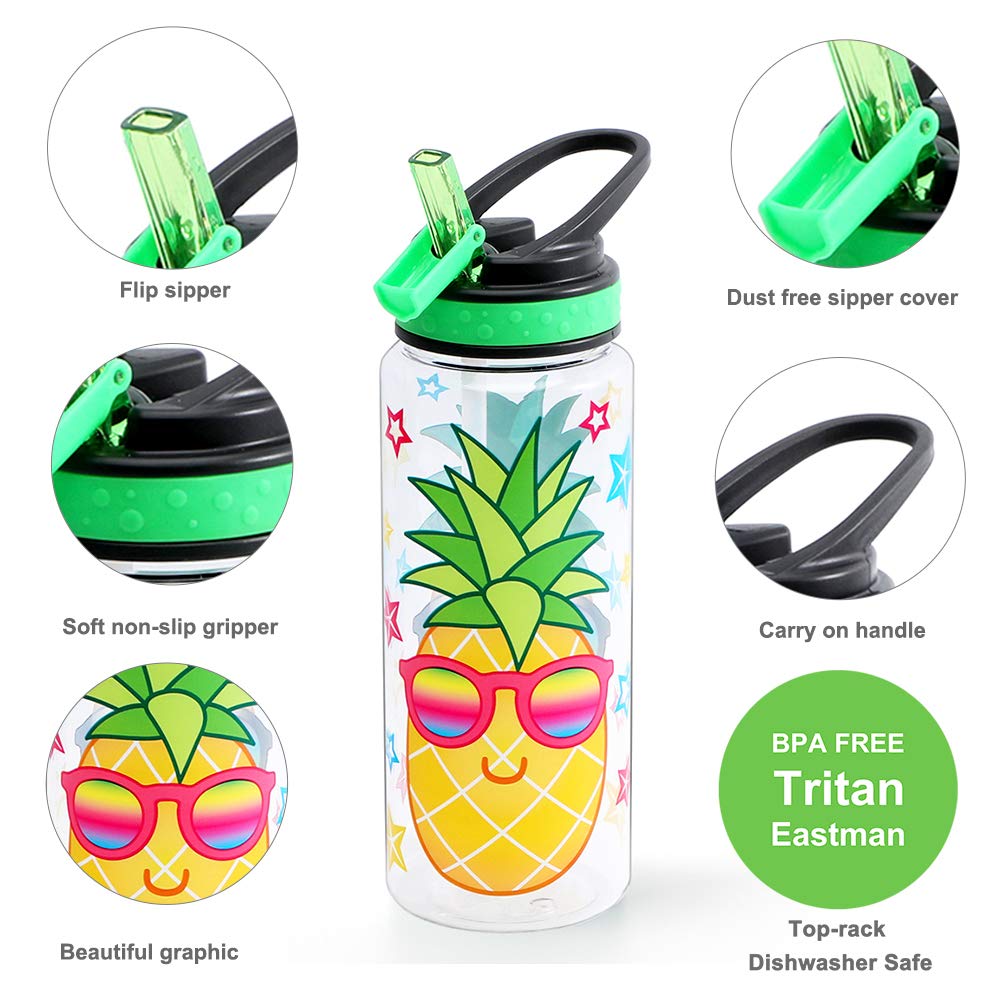 HomTune Cute Water Bottle with Straw for School Kids Girls  BPA FREE Tritan & Leak Proof & Easy Clean & Carry Handle  23oz/ 680ml - Pineapple