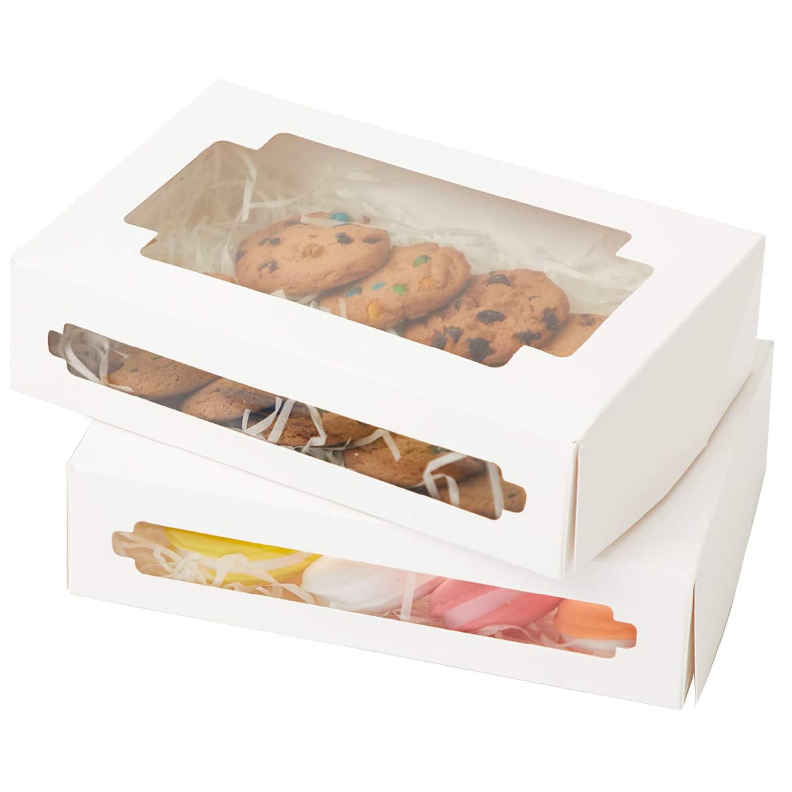 qiqee 50Packs Auto-pop Cookie Boxes for Gift Giving 8x5.3x2 inch White One Second Folding Treat Box with Window Bakery Box for D