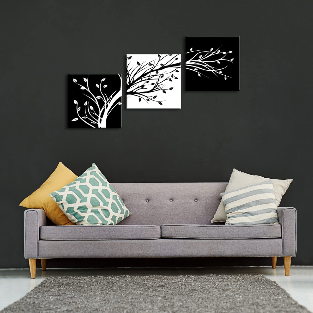 Wieco Art Leaves Modern 3 Panels Flowers Artwork Giclee Canvas Prints Black And White Abstract Floral Trees Pictures Paintings O