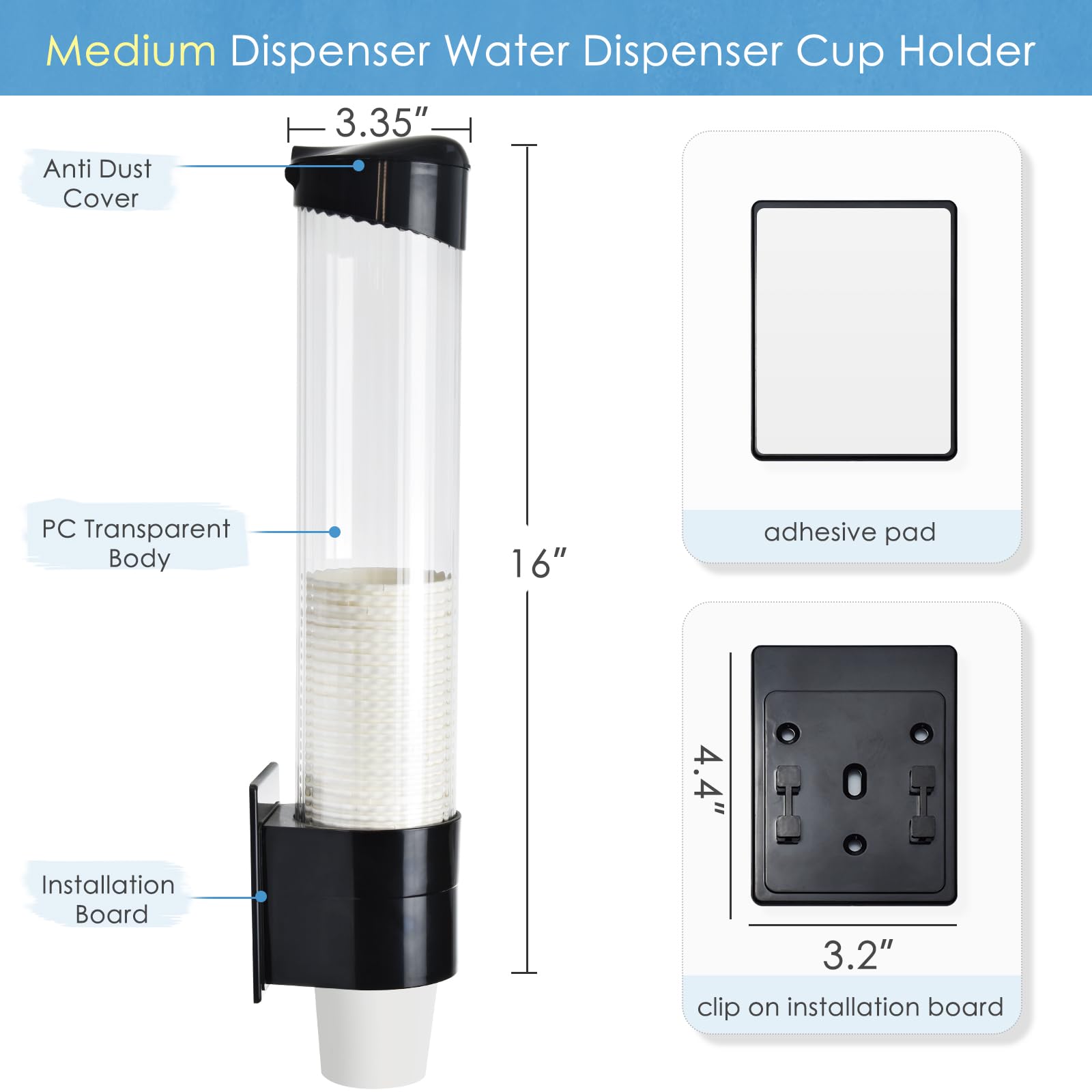 Samhe Medium Pull Type Cup Dispenser, Paste Or Screw Plate Mountable Cups Holder, Fits 5Oz - 7Oz Cone Or Flat Bottom Cups, 16