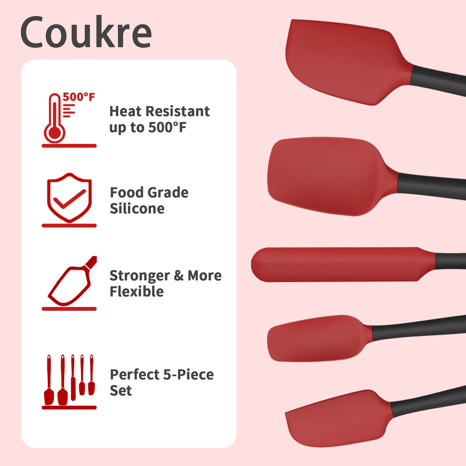 Silicone Spatula Set Of 5,High Temperature Resistant, Food Grade Silicone, Dishwasher Safe, For Baking, Cooking (Red)