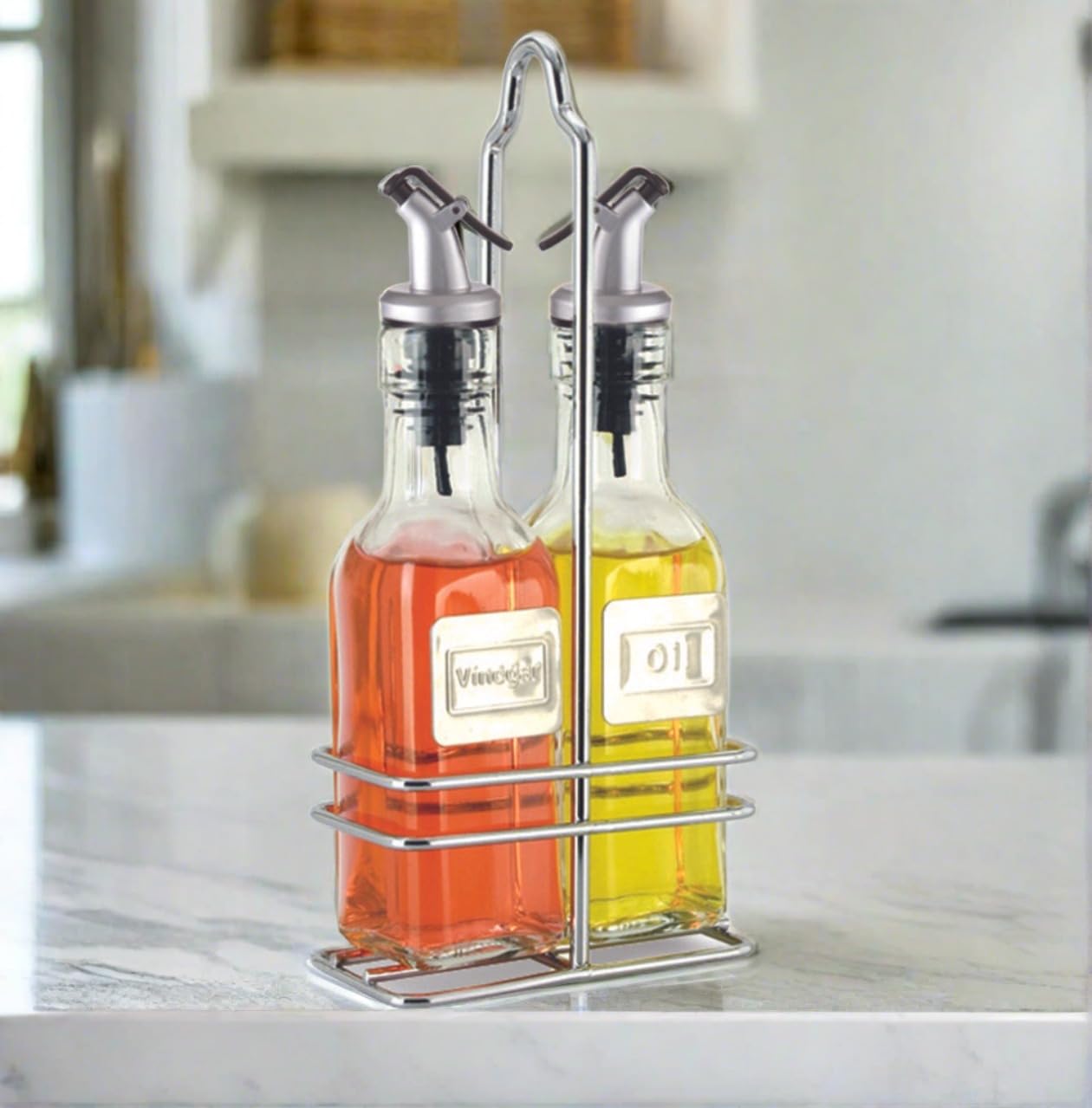 Cuisinox Cruet Oil And Vinegar Bottles Set With Dripless Spouts And Wire Caddy, English Labels - 6 Oz. Each