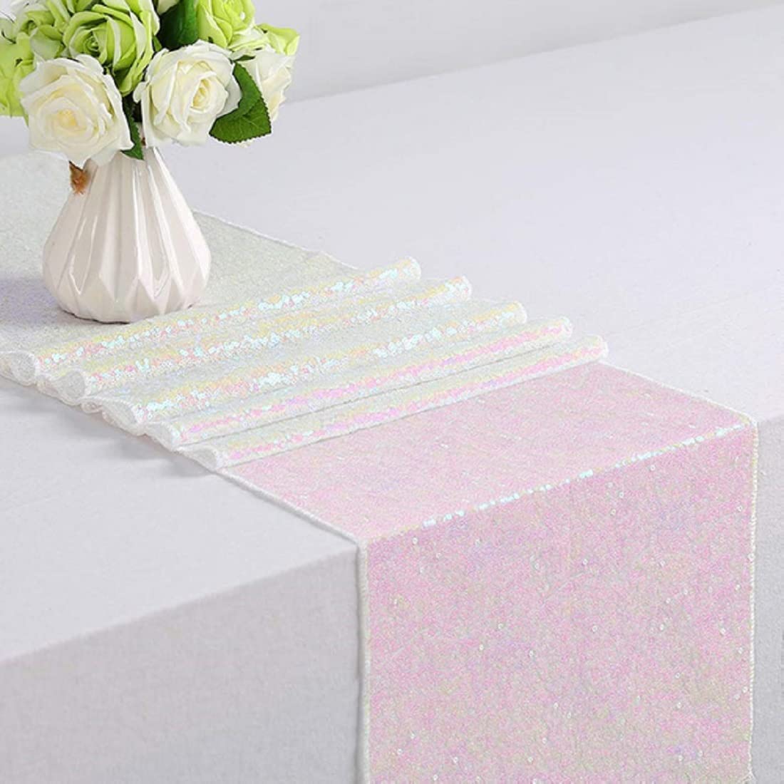 Jyflzq White Iridescent Sequin Table Runner 12'' X 72'' Pack Of 10 Sparkly White Metallic Table Runner Glitter Sequin Runner For