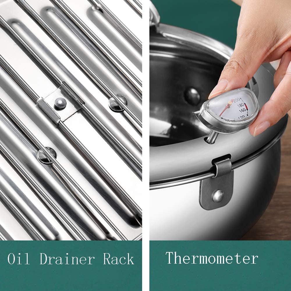 DIY HOME Stainless Steel Deep Fryer Pot with Thermometer, Lid & Drip Rack, 24cm/9.4inch, Silver for Tempura, Fries & Wings